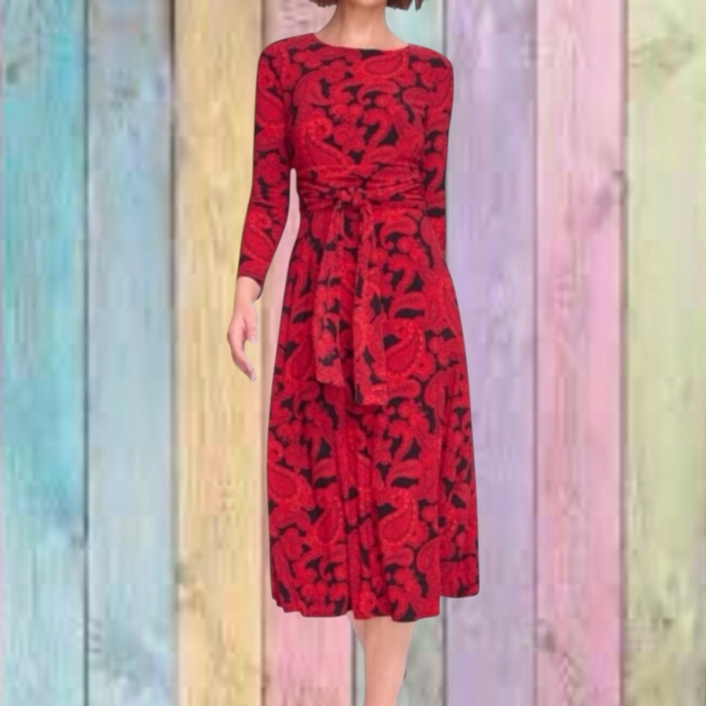 Tommy Hilfiger Red Black Paisley Ruched Tie Waist Flare Midi Dress